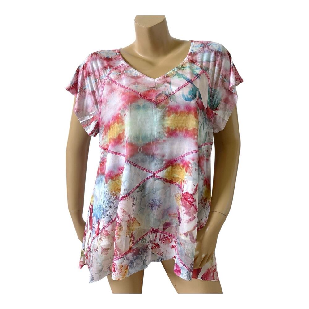 Live and Let Live Top Womens Large Floral Chiffon Overlay V Neck Tunic Stretch
